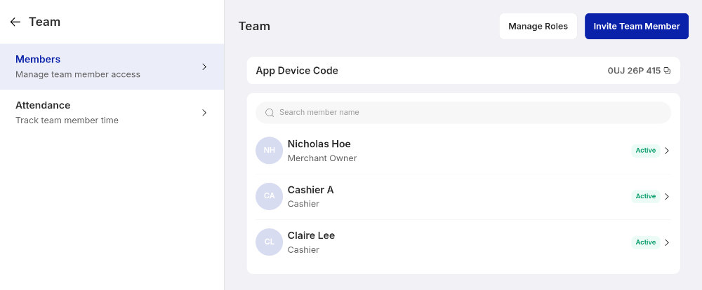 Your staff directory. Everyone with terminal access, their role, and whether they are active.