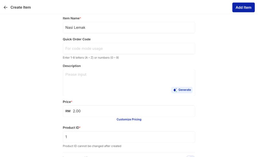 The Create Item form. Name, price, Product ID, tax status and category, all set by you before the item is saved.