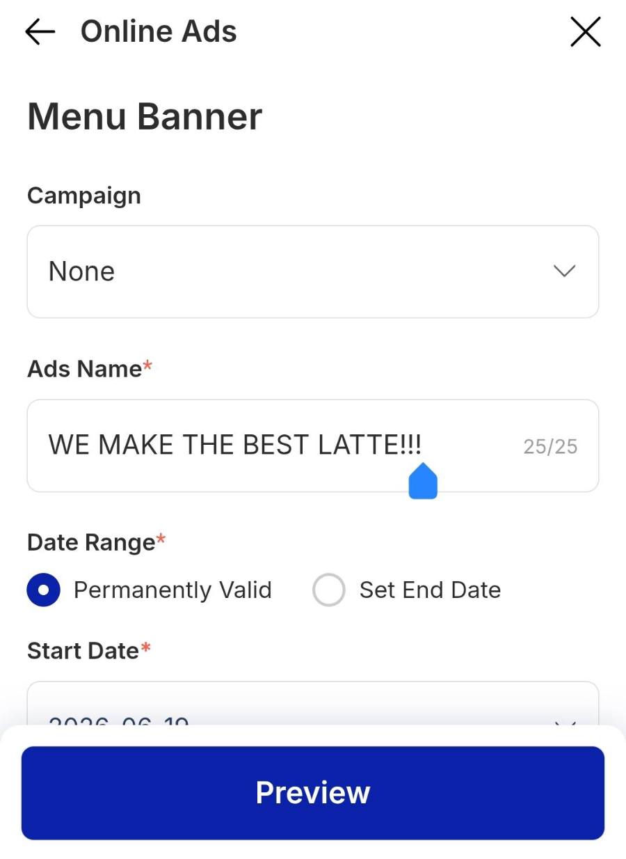 Title the ad, then preview.