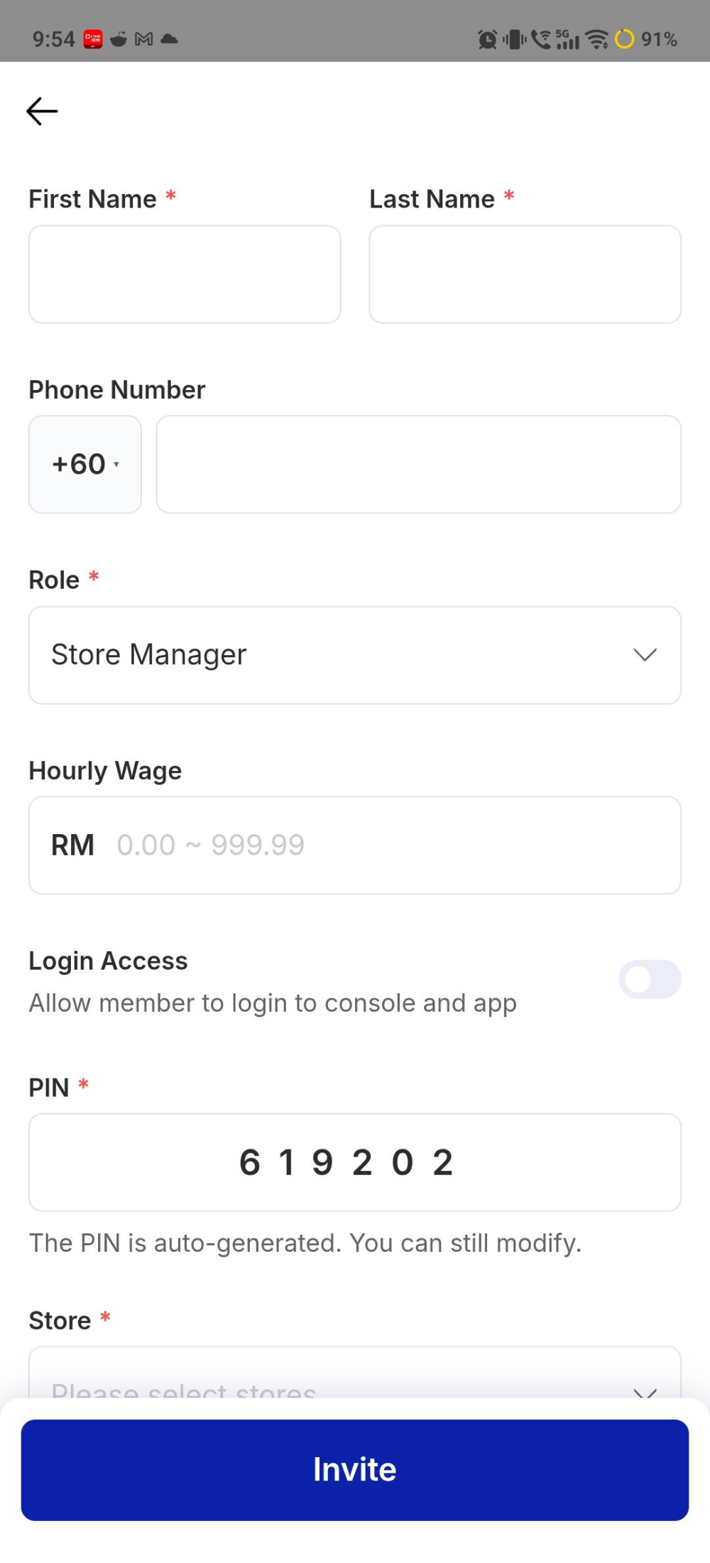 PIN, store, then Invite.