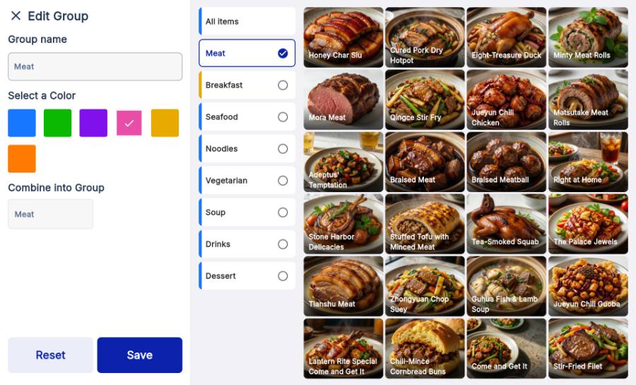 Edit mode on the tablet. Drag categories to reorder, colour them, group them, and resize the tiles.