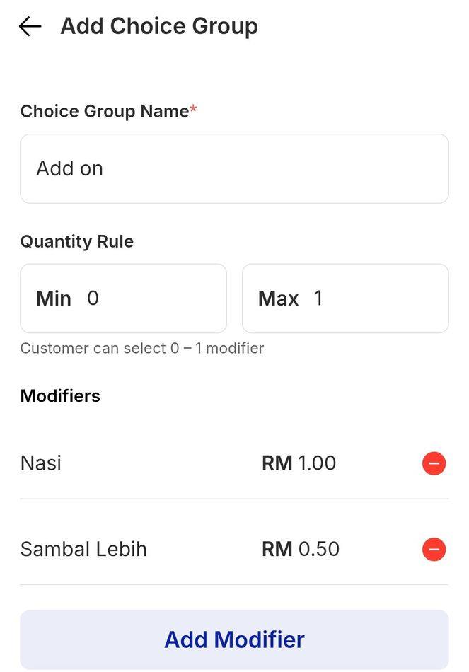 Add modifiers and their prices.