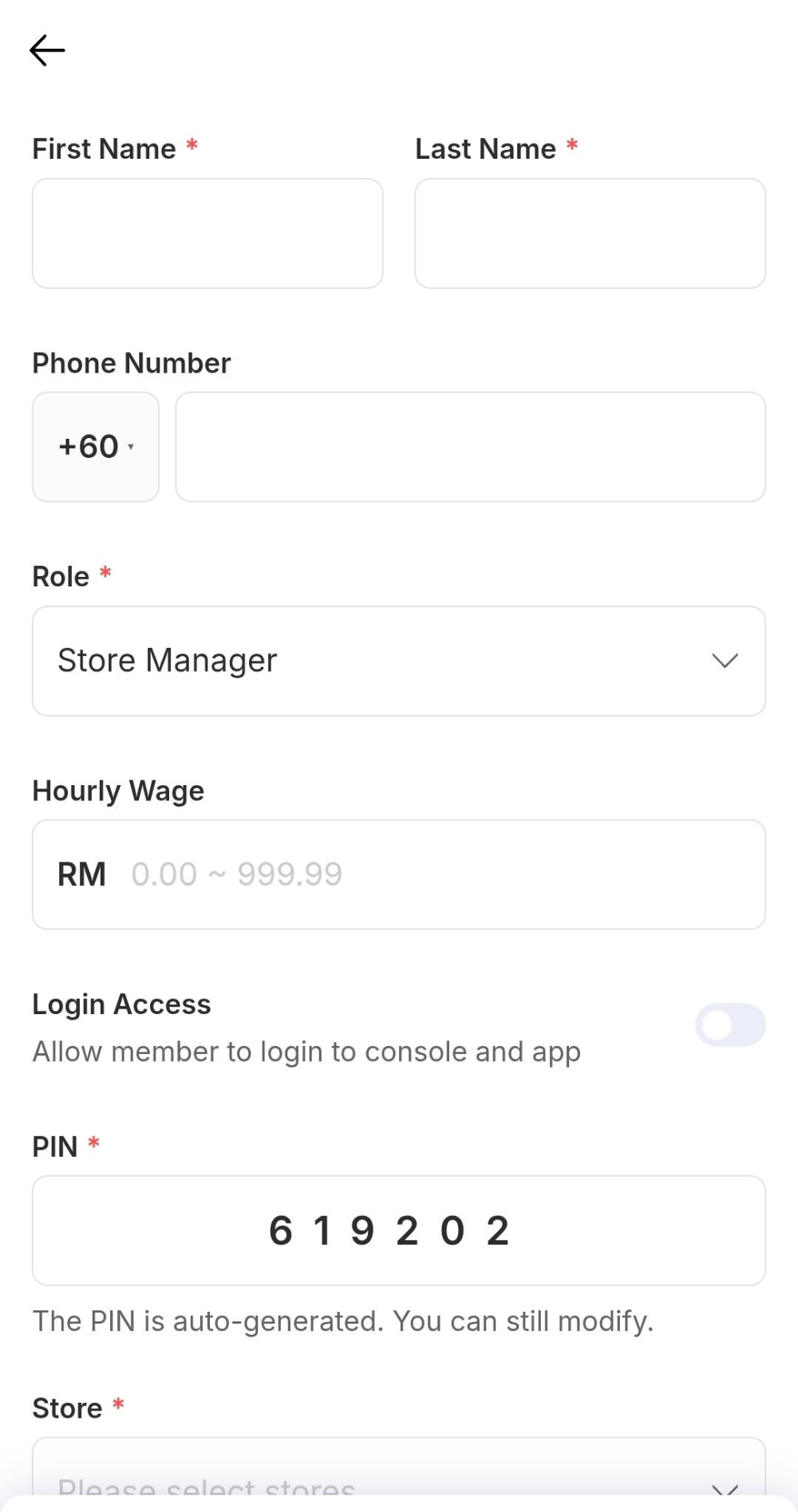 Name, role, wage, access.