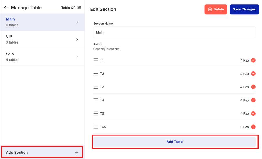 Add Section, then Add Table and set Pax.