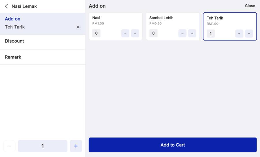 Set modifiers, then Add to Cart.