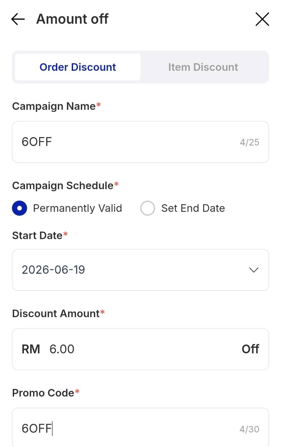 Name, amount, promo code.