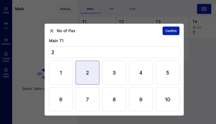 Enter the pax count, then Confirm.