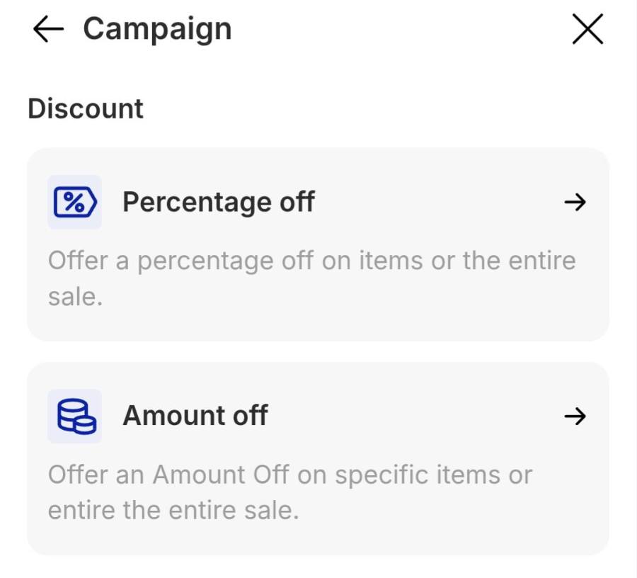 Percentage off or Amount off.