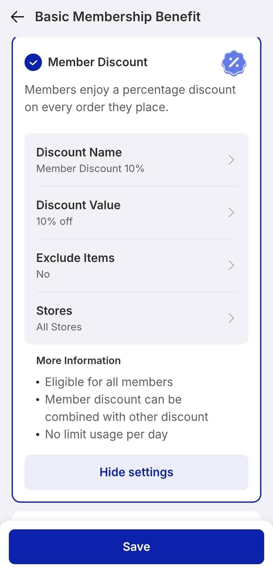 Discount settings.